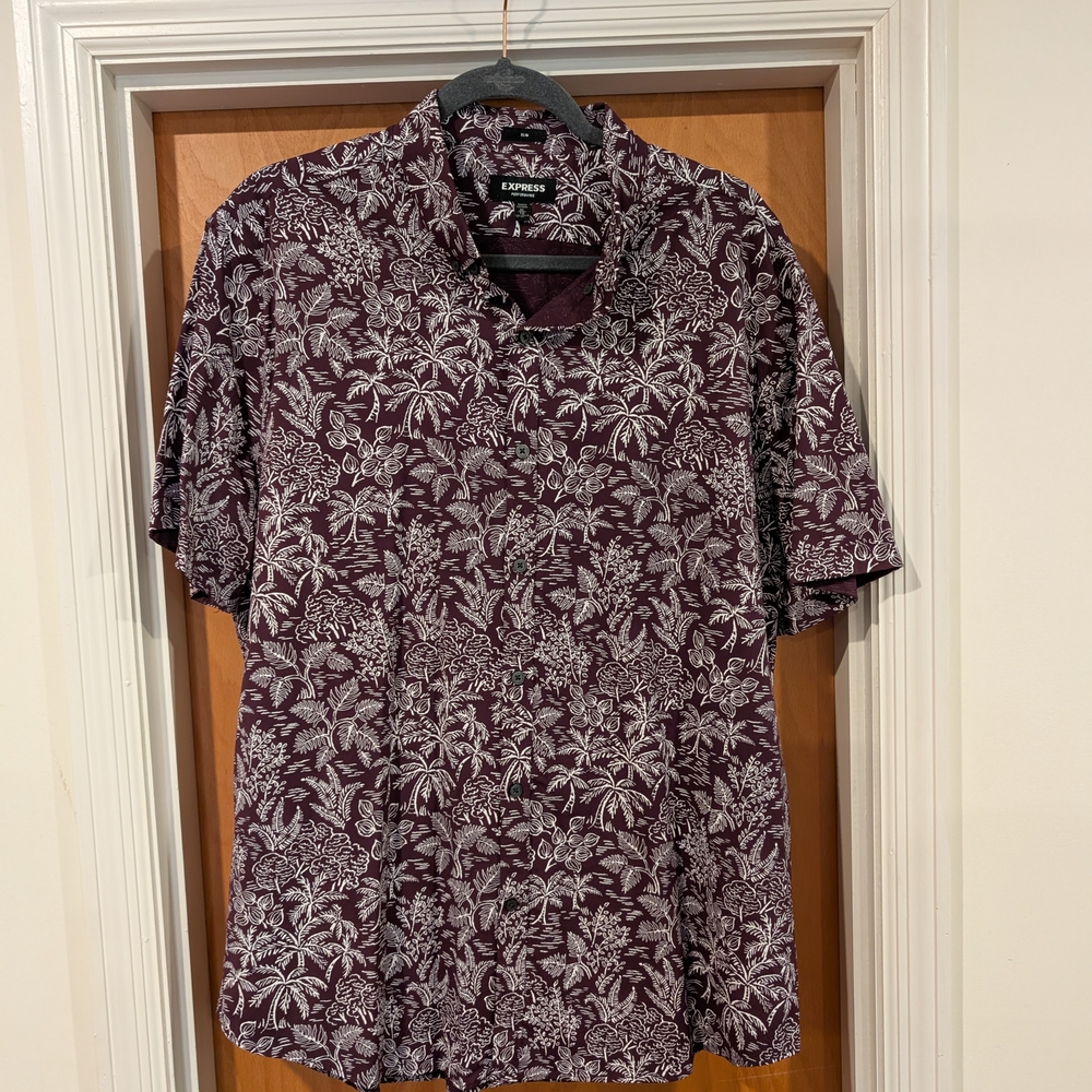 Express Men's Maroon and White Floral Shirt